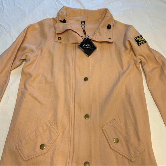 🆕 NWT Zaful zip up/snap peach canvas flight jacket commanding officer patch - Picture 3 of 12